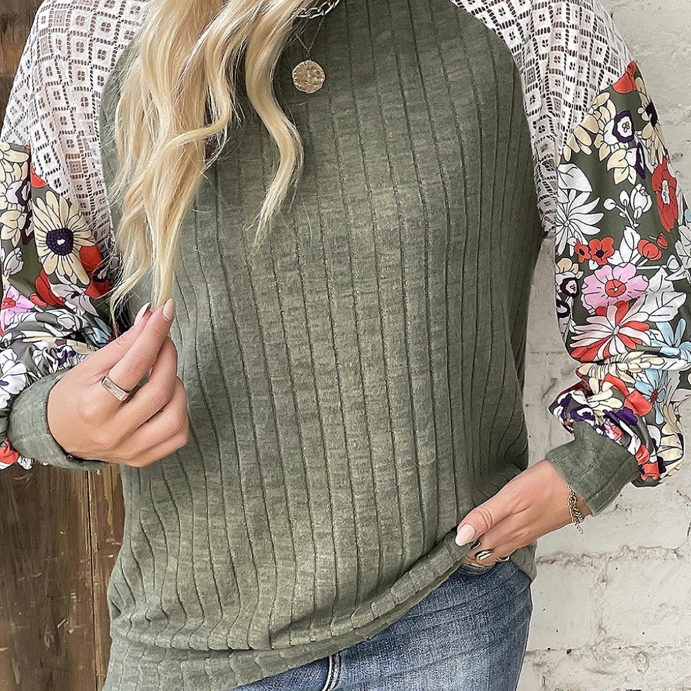 Laurel Green Floral Patchwork Long Sleeve Ribbed Blouse - Picture 9 of 13